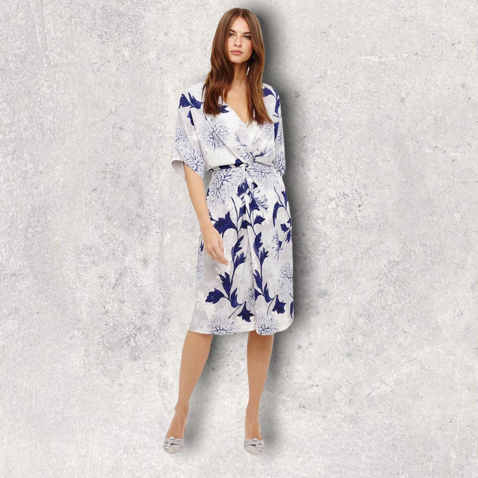 Phase Eight April Floral Front Twist Half Sleeve Navy & Grey Dress UK 14 US 10 EU 42 Timeless Fashions