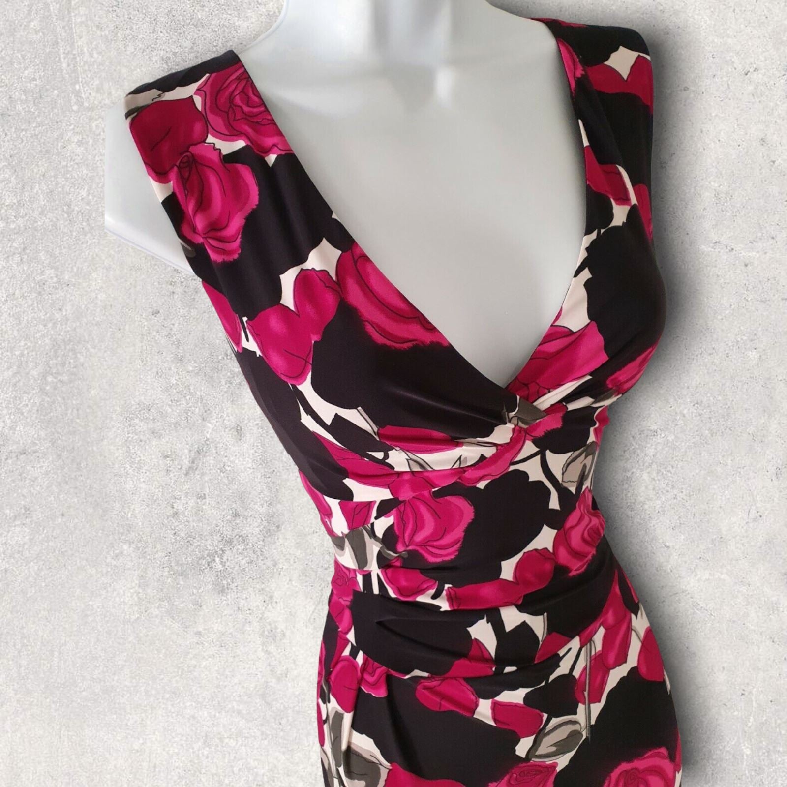Phase Eight Black & Pink Floral Rose Draped Gathered Bodycon Dress UK 8 US 4 EU 36 Timeless Fashions