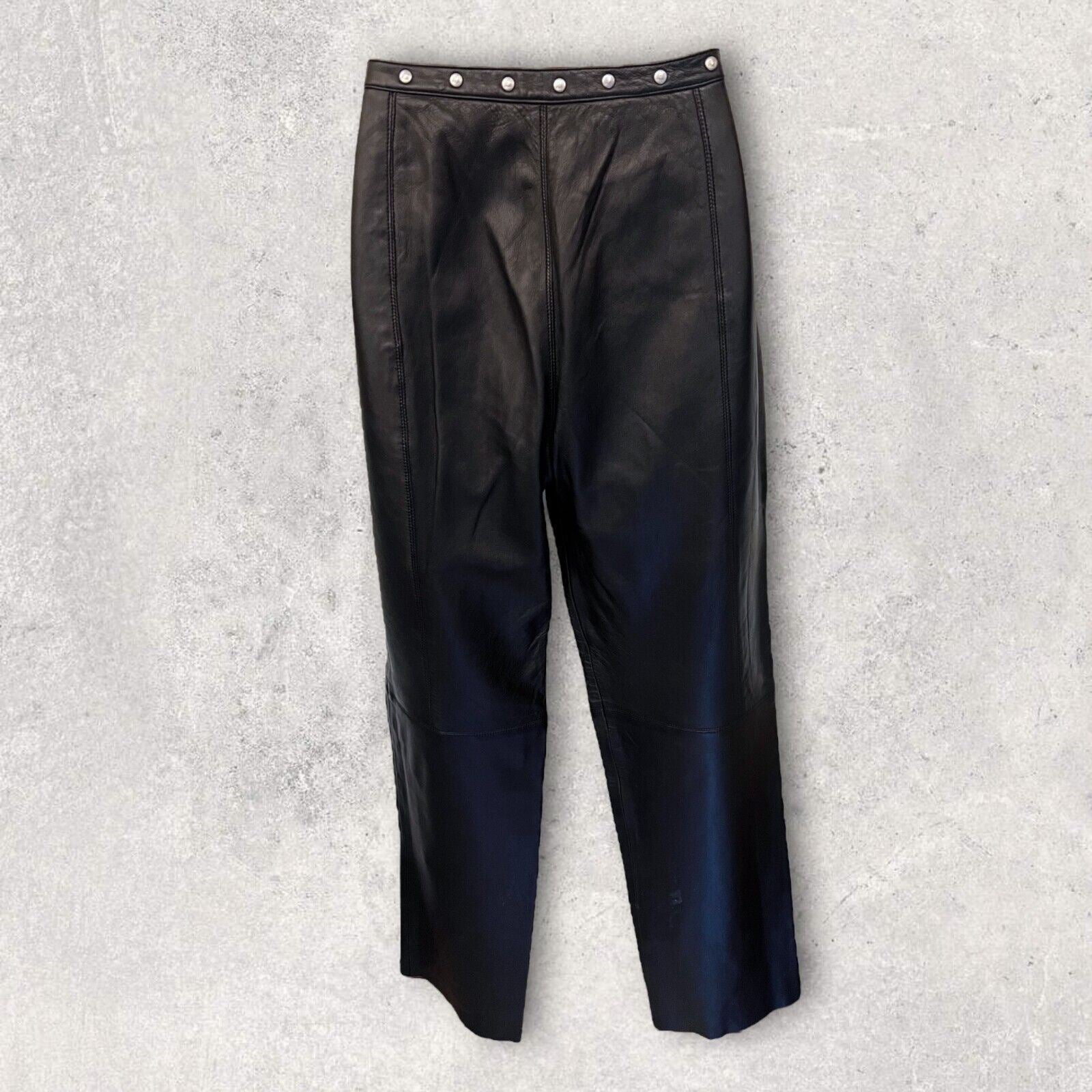 Armani Jeans Womens Black Leather Mid Rise Vintage Trousers UK 14/16 US 10/12 EU 42/44 Timeless Fashions