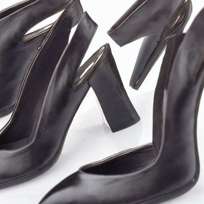 Node Black Leather Slingback Court Shoes, Block Heel UK 7 US 9 EU 40 Timeless Fashions