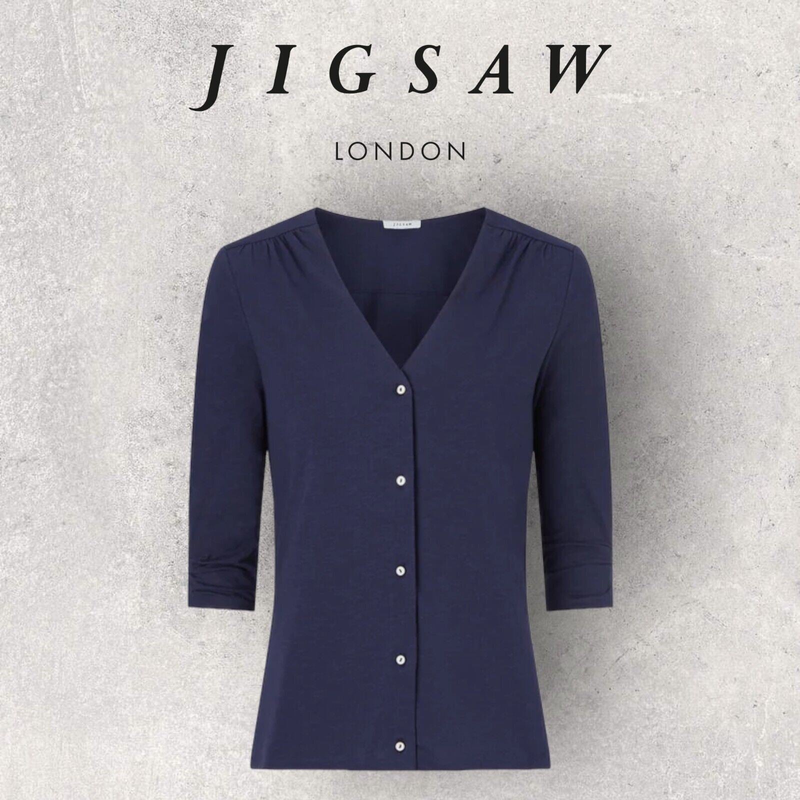 Jigsaw London Navy Jersey V Neck Button Top UK 10 US 6 EU 38 RRP £65 Timeless Fashions