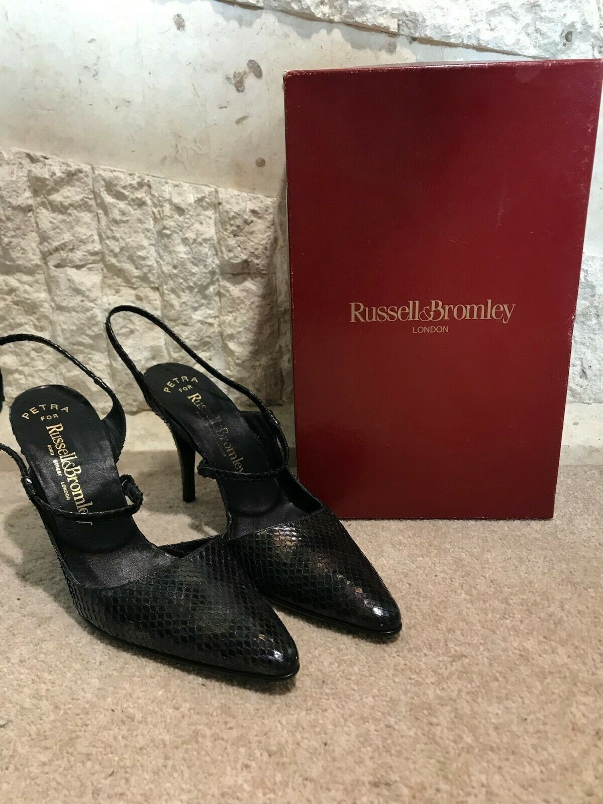 Russell & Bromley Women's Petrol Black Leather Slingback Shoes UK 4 New in original box Timeless Fashions