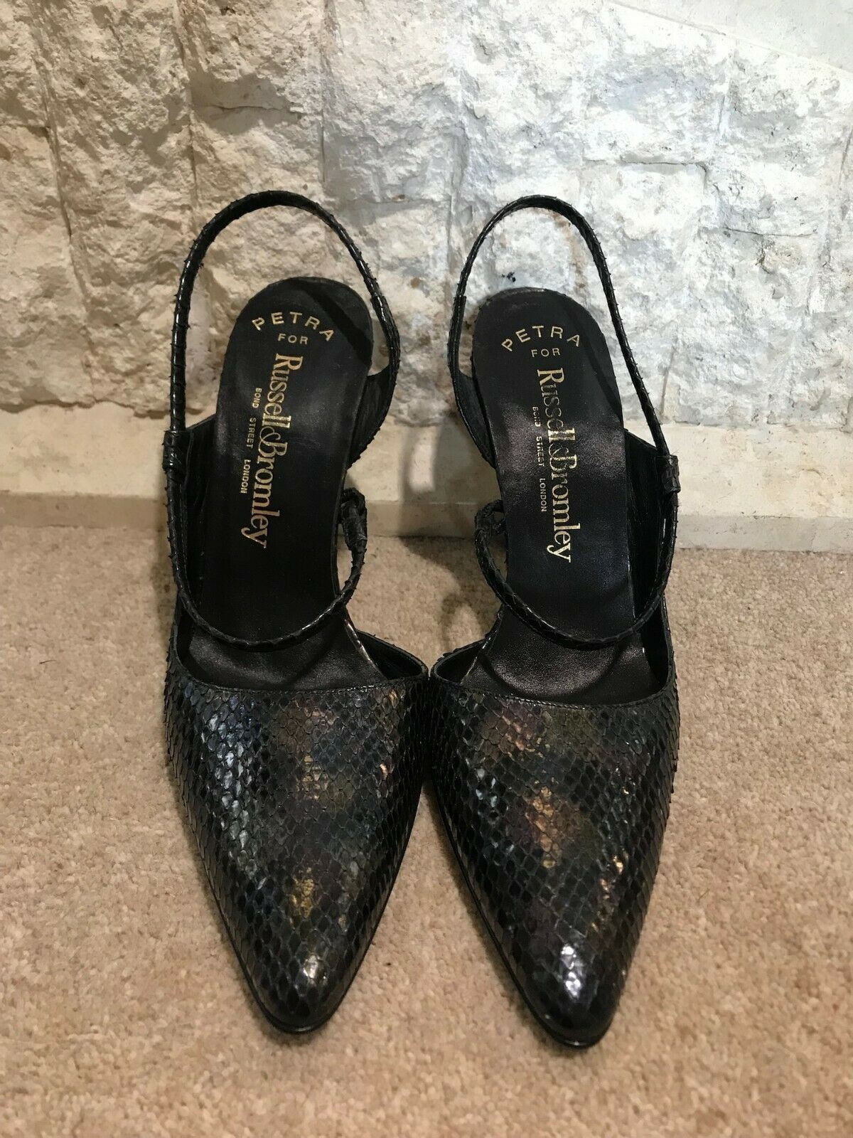 Russell & Bromley Women's Petrol Black Leather Slingback Shoes UK 4 New in original box Timeless Fashions