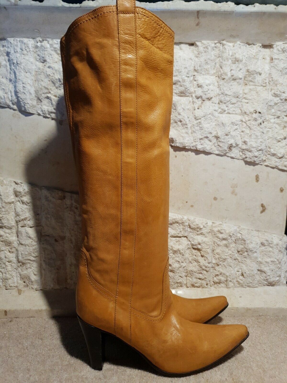 L'AutreChose Vintage Yellow Tan Leather High Heel Boots UK 5.5 US 8 EU 38.5 Timeless Fashions