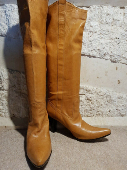 L'AutreChose Vintage Yellow Tan Leather High Heel Boots UK 5.5 US 8 EU 38.5 Timeless Fashions