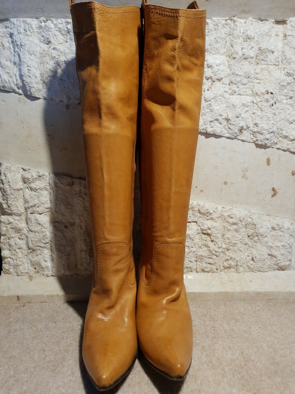 L'AutreChose Vintage Yellow Tan Leather High Heel Boots UK 5.5 US 8 EU 38.5 Timeless Fashions