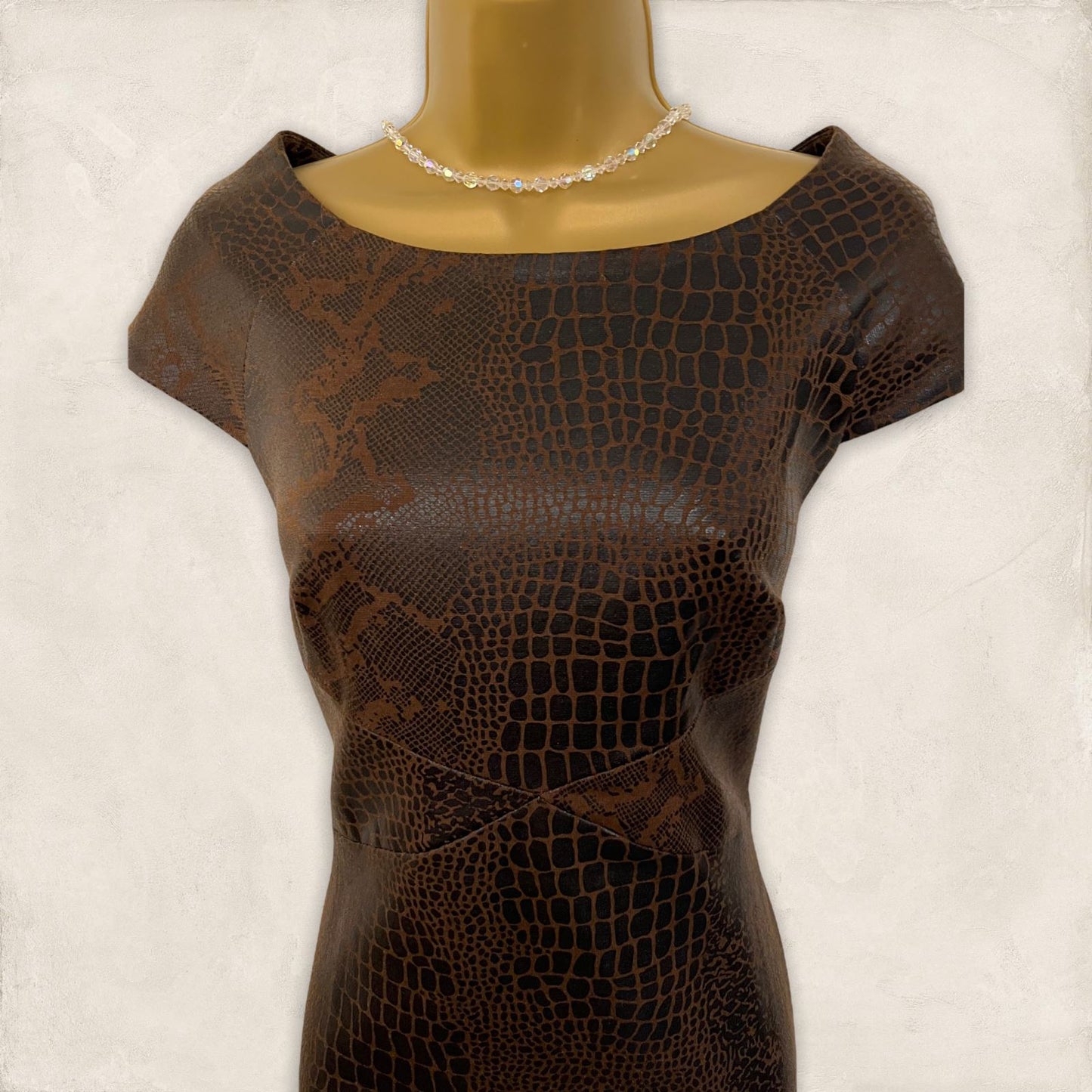 Alexon Vintage Brown Snake Print Leather Look Cap Sleeve Pencil Dress UK 12 US 8 EU 40 Timeless Fashions