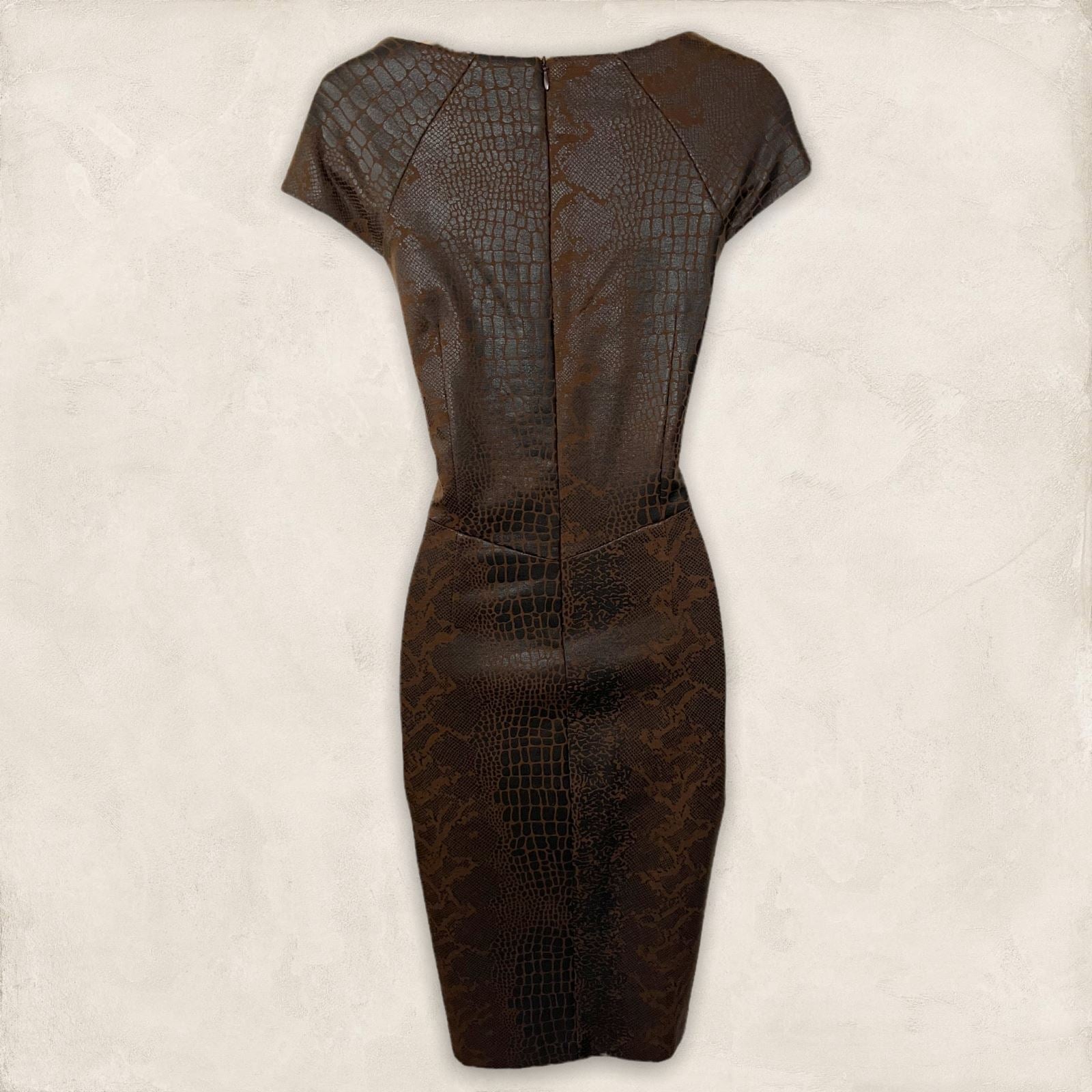 Alexon Vintage Brown Snake Print Leather Look Cap Sleeve Pencil Dress UK 12 US 8 EU 40 Timeless Fashions