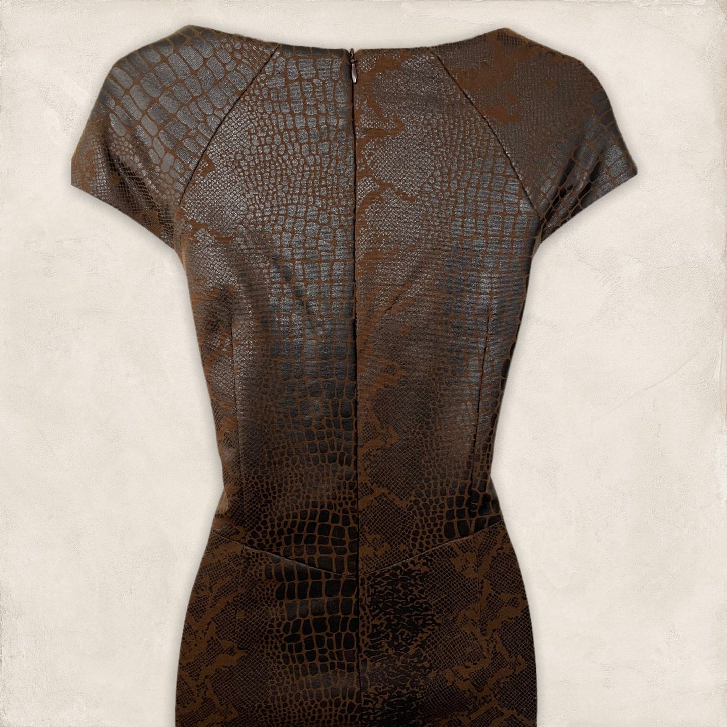 Alexon Vintage Brown Snake Print Leather Look Cap Sleeve Pencil Dress UK 12 US 8 EU 40 Timeless Fashions