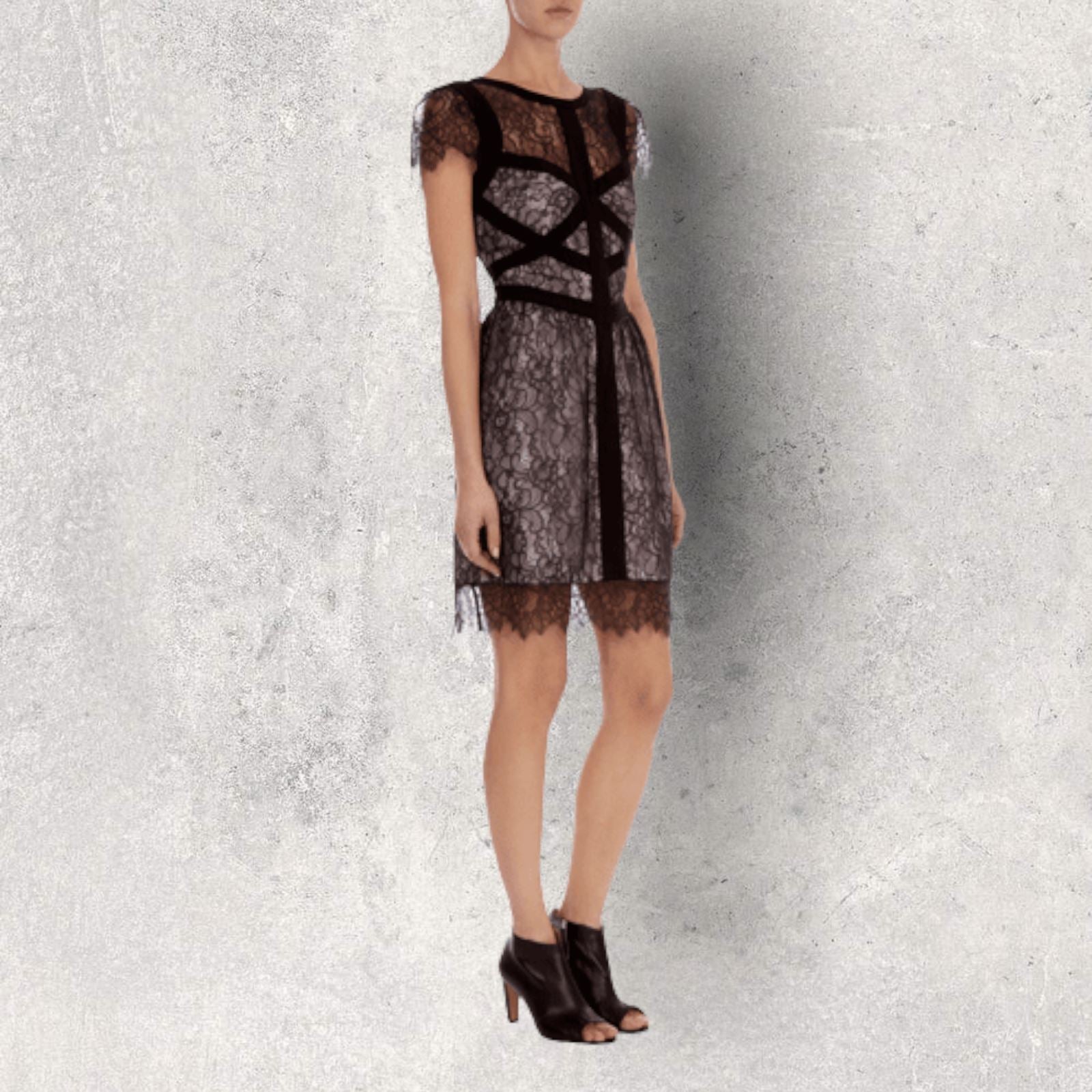 KAREN MILLEN Black Lace Panelled Mini Dress UK 12 US 8 EU 40 RRP £180 Timeless Fashions