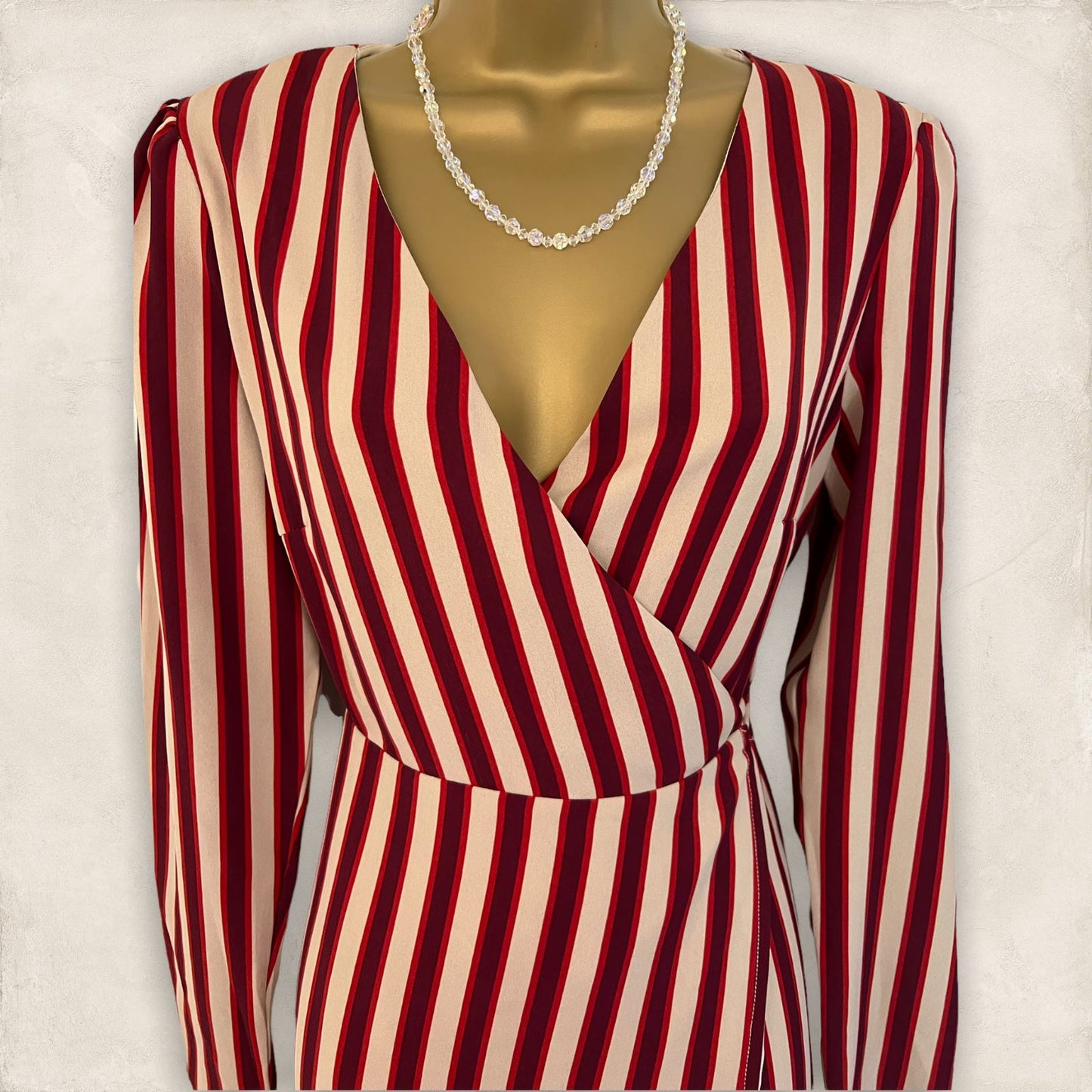 Glamorous Berry Red & Cream Striped Long Sleeve Wrap Dress UK 10 US 8 EU 38 Timeless Fashions