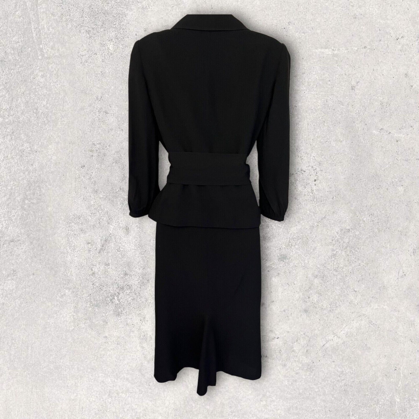 L.K. Bennett Black Crepe Skirt Suit, Jacket, Tie Belt UK 12 US 8 EU 40 Timeless Fashions