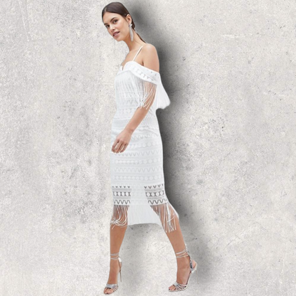 C By Cubic White Off The Shoulder Tassel Summer Dress UK 10 US 6 EU 38 Timeless Fashions