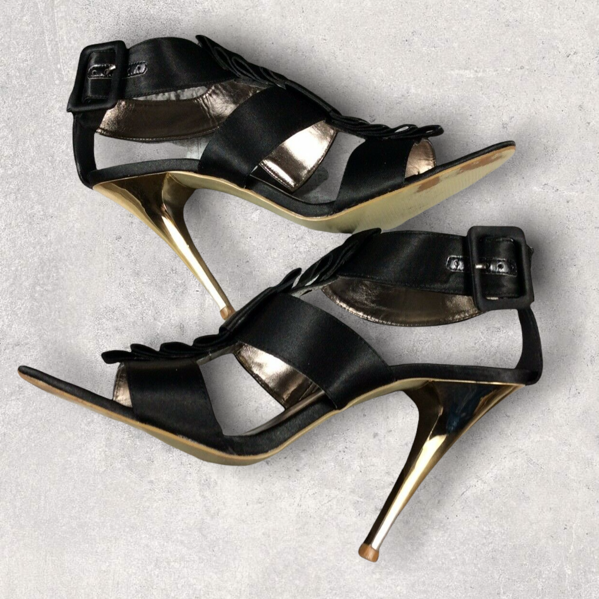 Carvela Black Satin Ruffle Peep-toe Gold Stiletto Shoes UK 7 Timeless Fashions