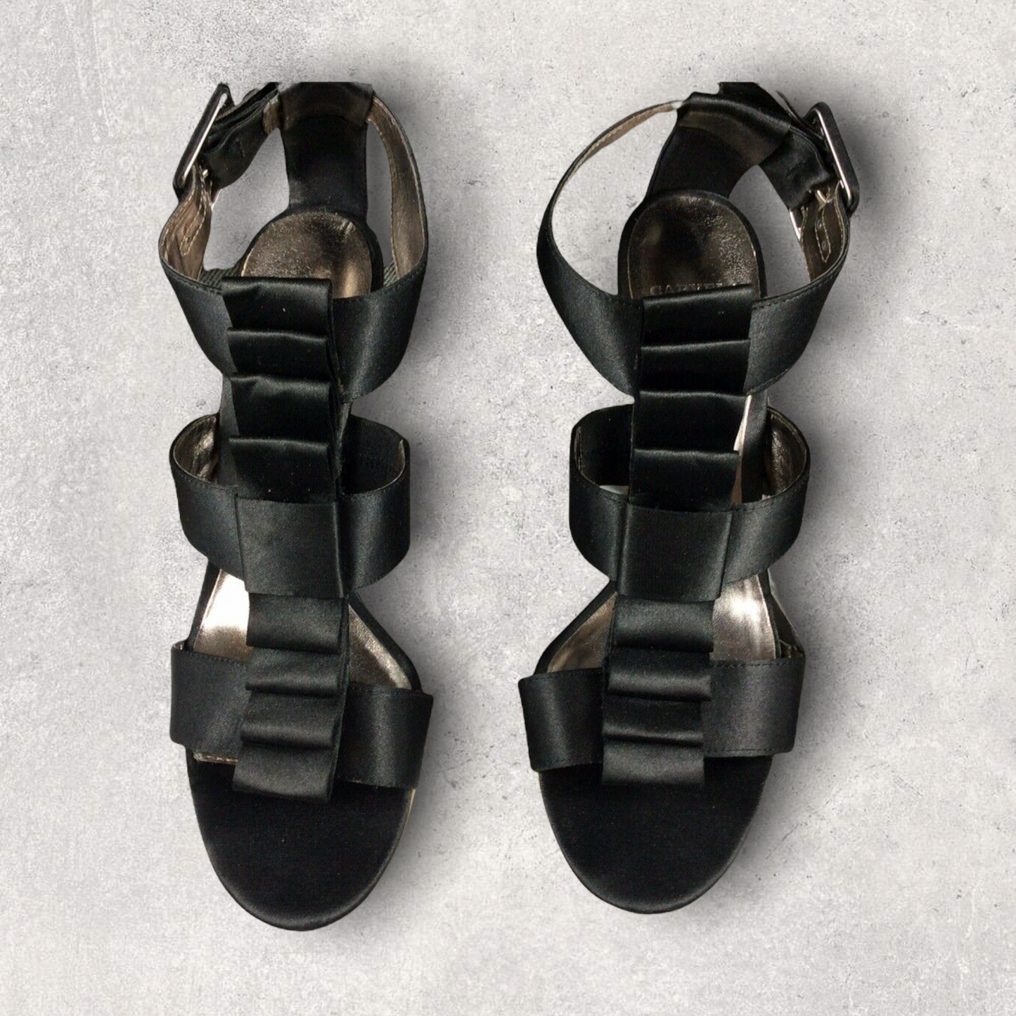 Carvela Black Satin Ruffle Peep-toe Gold Stiletto Shoes UK 7 Timeless Fashions