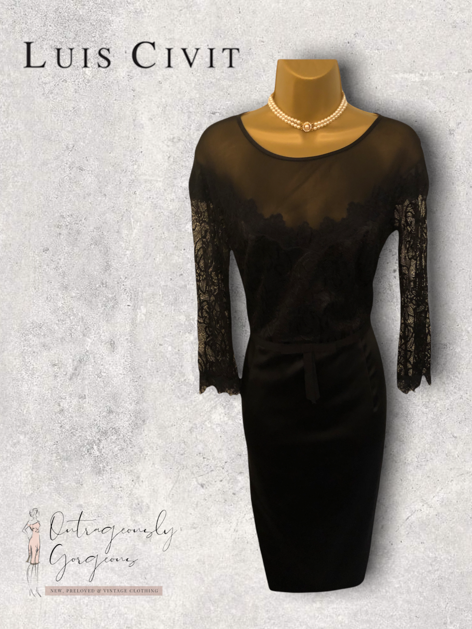 Luis Civit Black Long Sleeve Satin & Lace Dress UK 10 US 6 EU 38 BNWT RRP £395 Timeless Fashions