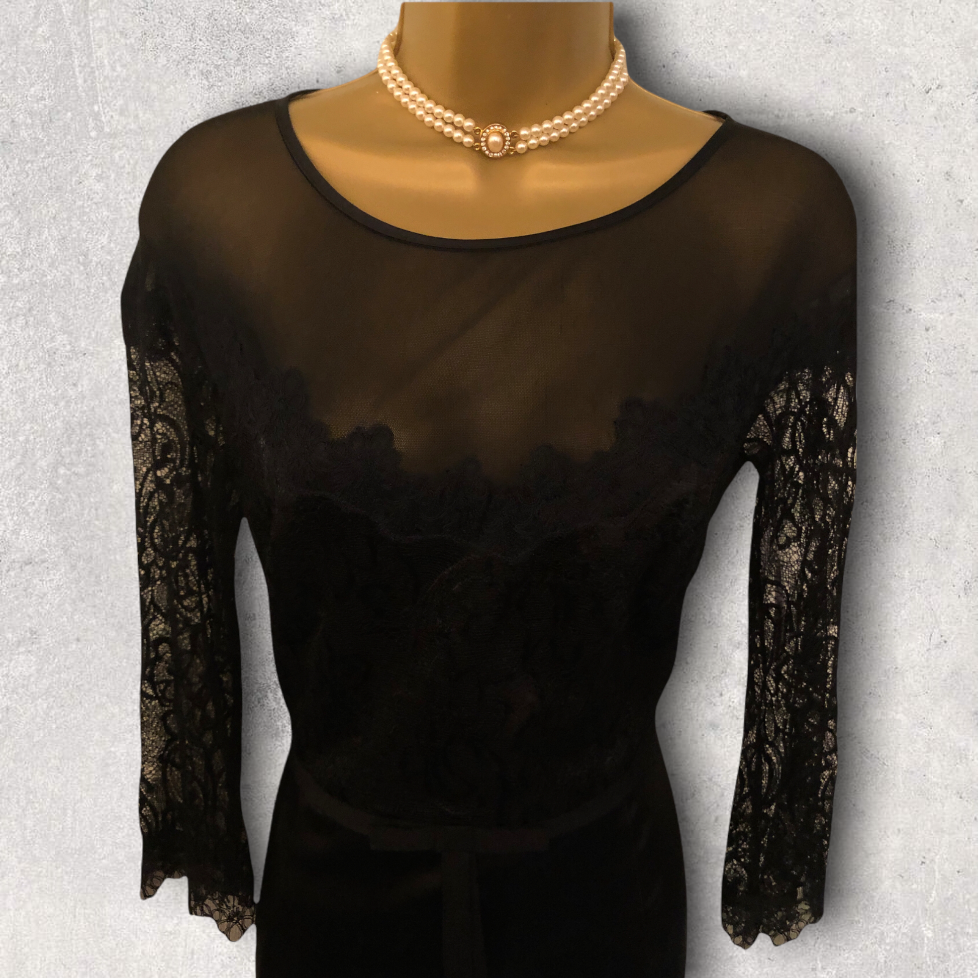 Luis Civit Black Long Sleeve Satin & Lace Dress UK 10 US 6 EU 38 BNWT RRP £395 Timeless Fashions