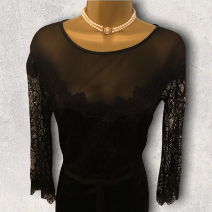 Luis Civit Black Long Sleeve Satin & Lace Dress UK 10 US 6 EU 38 Timeless Fashions