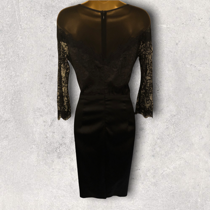 Luis Civit Black Long Sleeve Satin & Lace Dress UK 10 US 6 EU 38 Timeless Fashions