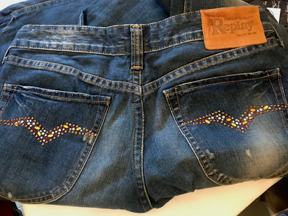 REPLAY Ladies Blue Jeans Gem Pockets Button Fly Low Rise W30" L34" Timeless Fashions