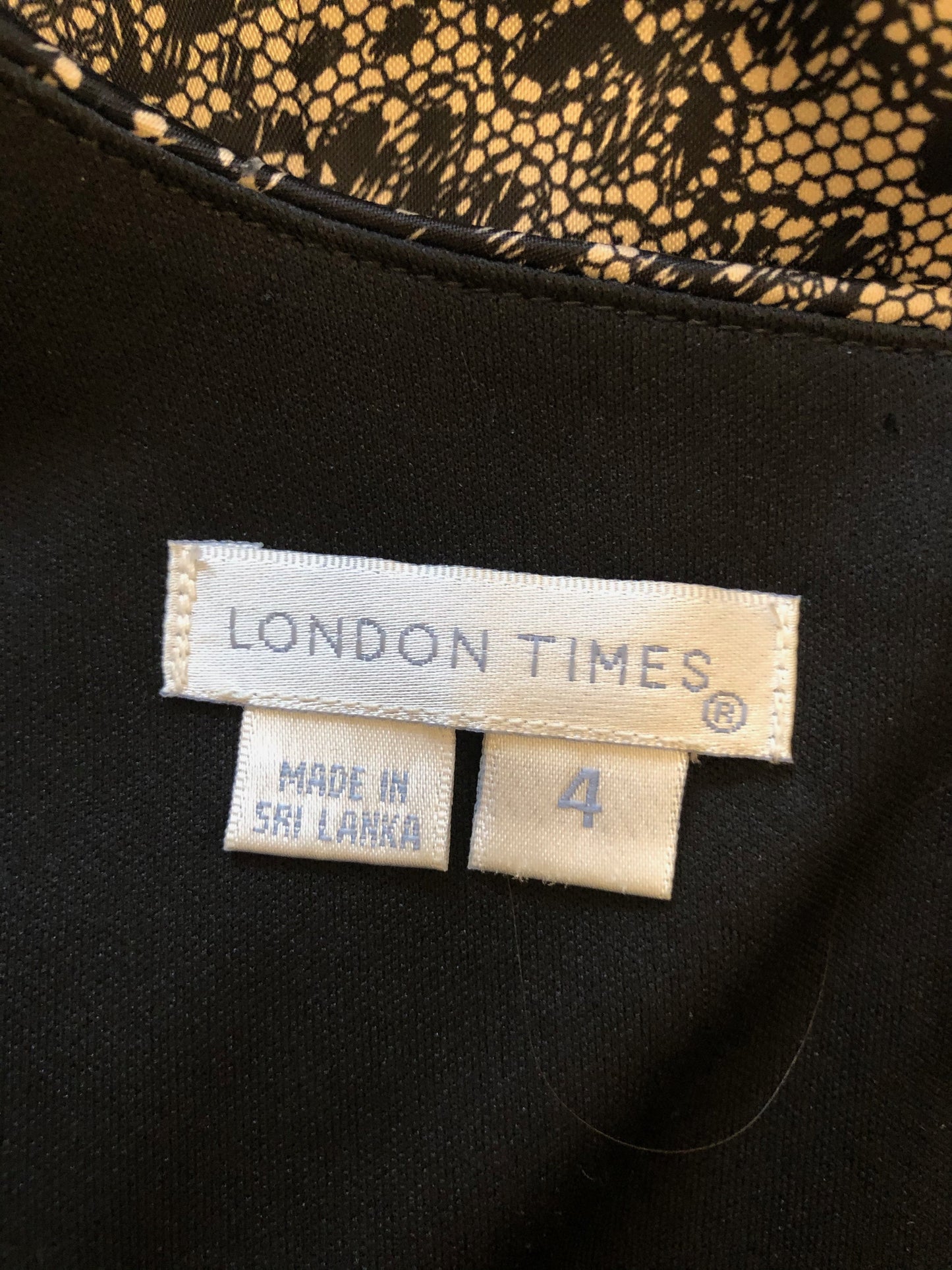 London Times Black & Cream Lace Print Soft Satin Dress UK 8 US 4 EU 36 Timeless Fashions