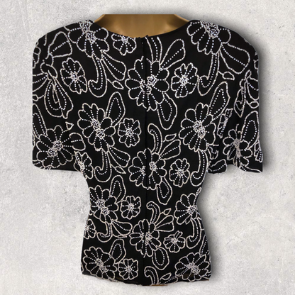 Gina Bacconi Vintage 80's Silk Beaded Black Evening Top UK 12 US 8 EU 40 Timeless Fashions