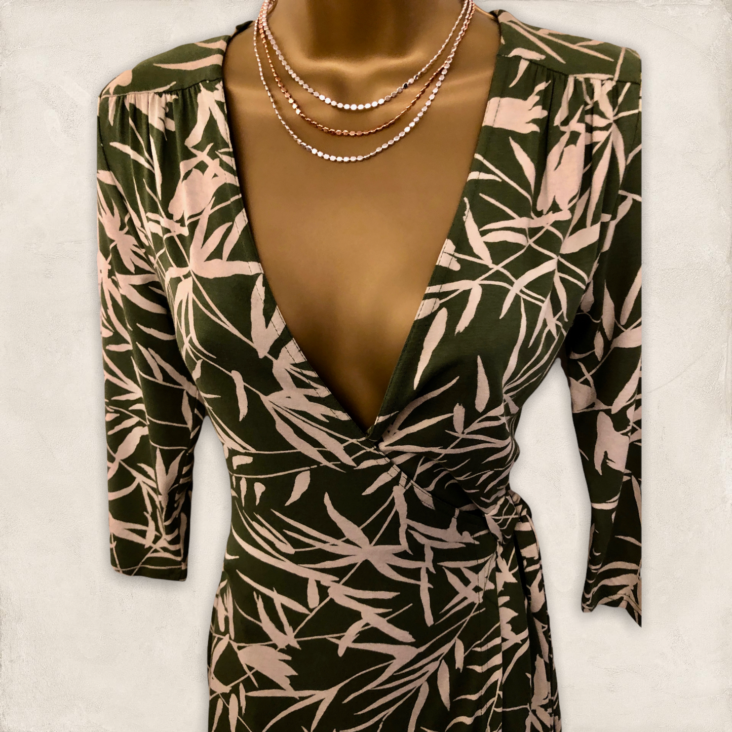 Kaliko Green Bamboo Crossover 3/4 Sleeve Wrap Tea Dress UK 8 US 4 EU 36 Timeless Fashions