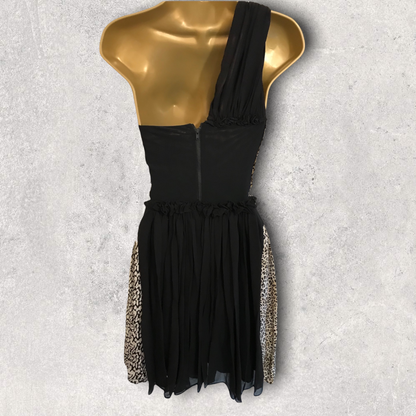 Reiss 1971 Myla Black Silk Leopard Print One Shoulder Dress UK 14 US 10 EU 42 Timeless Fashions
