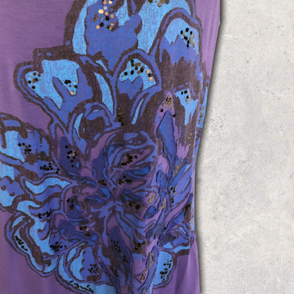 Tom Wolfe Big Flower Backless Purple Top UK 12 Timeless Fashions
