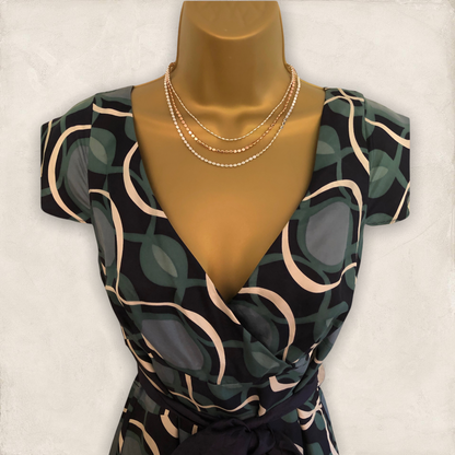 Monsoon Green Navy Patterned Tie Belt V Back/Front Midi Dress UK 10 US 6 EU 38 Timeless Fashions