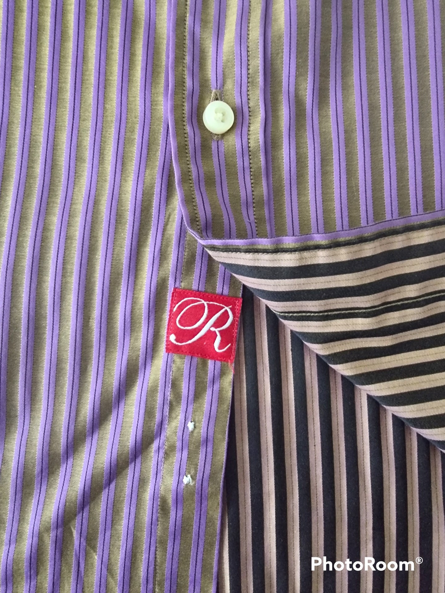 Rufus Men's Brown/Gold with Lilac stripes Long Sleeve Button Front Shirt Contrasting Flip Cuff. Size M Timeless Fashions