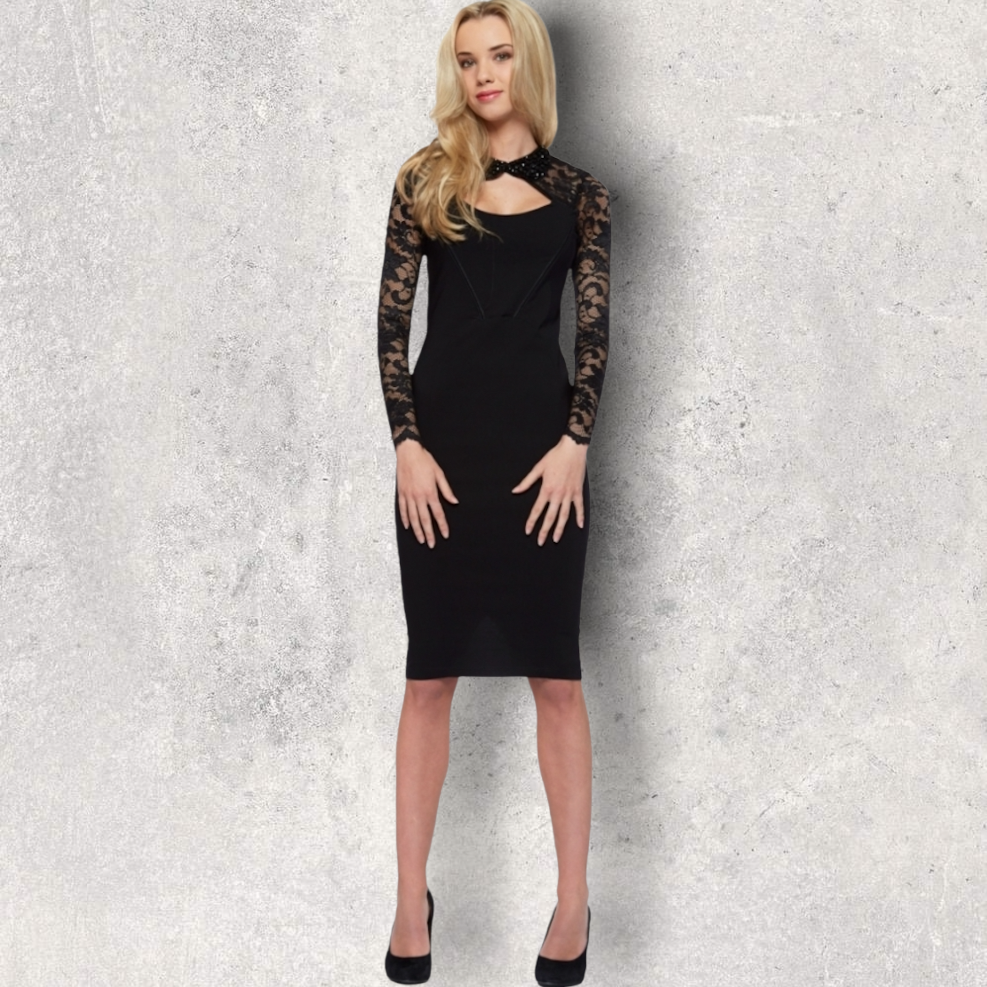 Tempest Dolly Black Pencil Dress With Lace Sleeves UK 8 US 4 EU 36 Timeless Fashions
