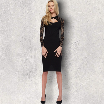 Tempest Dolly Black Pencil Dress With Lace Sleeves UK 8 US 4 EU 36 Timeless Fashions