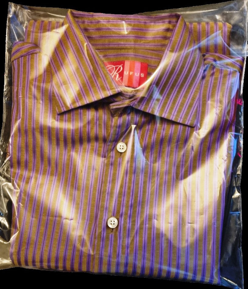 Rufus Men's Brown/Gold with Lilac stripes Long Sleeve Button Front Shirt Contrasting Flip Cuff. Size M Timeless Fashions