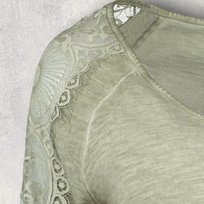 Pomodoro Khaki V-Neck Lace Top UK 14/16 US 10/12 EU 42/44 Timeless Fashions