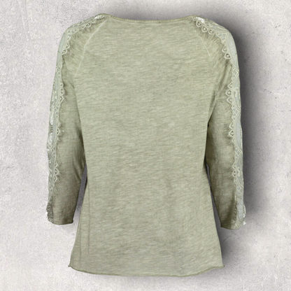 Pomodoro Khaki V-Neck Lace Top UK 14/16 US 10/12 EU 42/44 Timeless Fashions