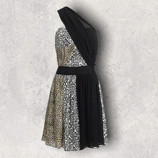 Reiss 1971 Myla Black Silk Leopard Print One Shoulder Dress UK 10 US 6 EU 38 BNWT RRP £189 Timeless Fashions