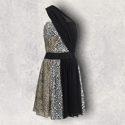 Reiss 1971 Myla Black Silk Leopard Print One Shoulder Dress UK 14 US 10 EU 42 Timeless Fashions